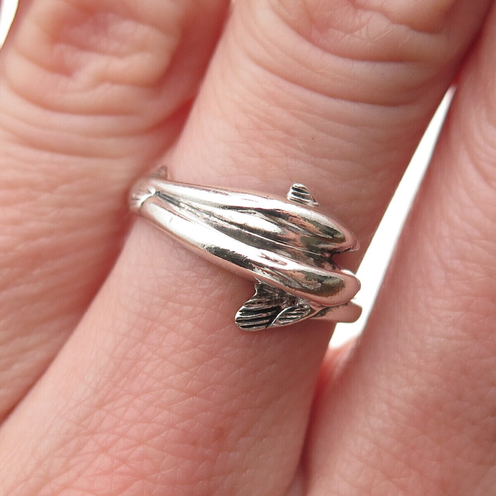 925 Sterling Silver Vintage Dolphin Couple Oxidized Ring Size 6.5